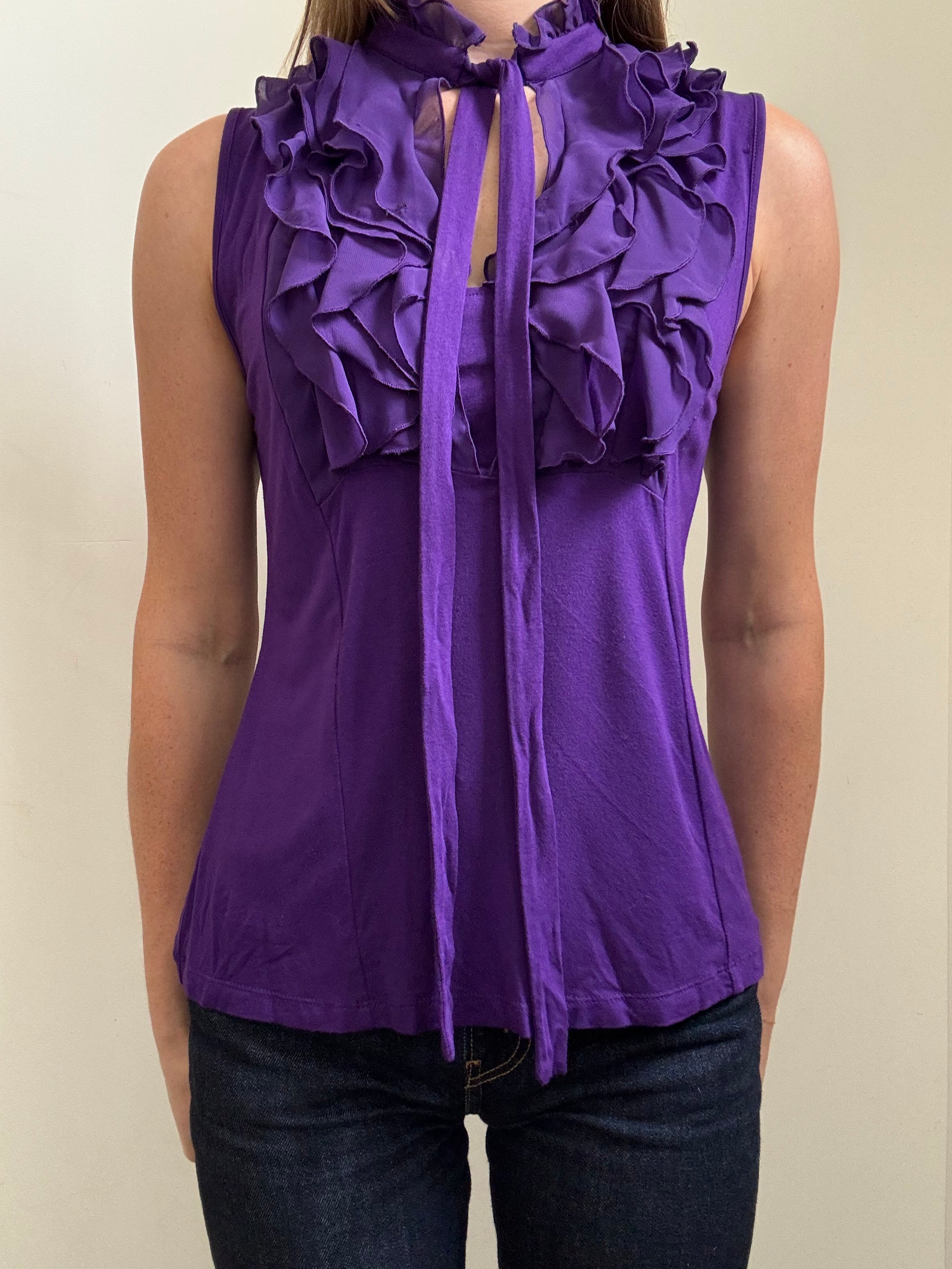 Vintage Purple Layered Sleeveless Ruffle Tie-Neck Blouse Size Medium