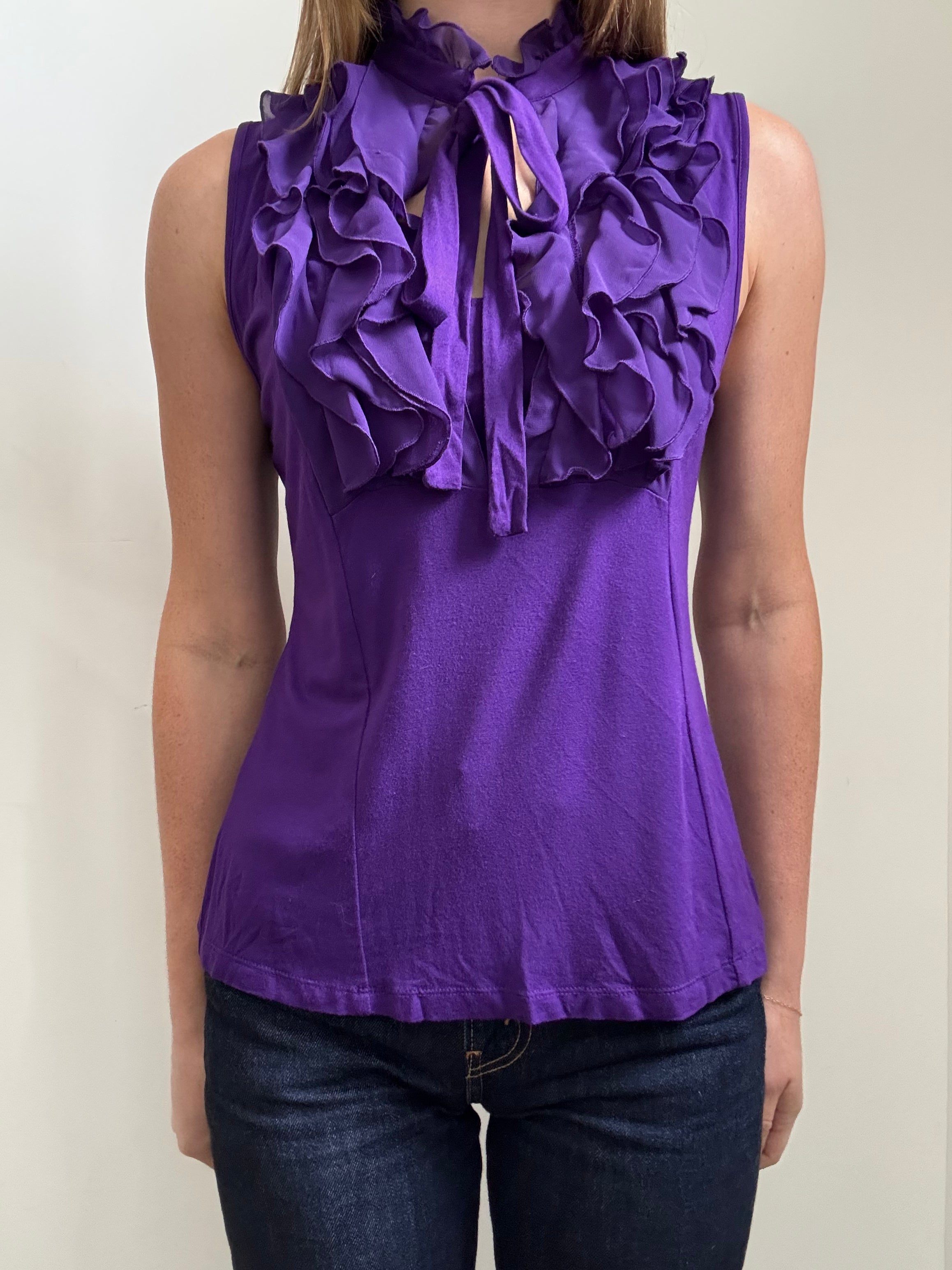 Vintage Purple Layered Sleeveless Ruffle Tie-Neck Blouse Size Medium