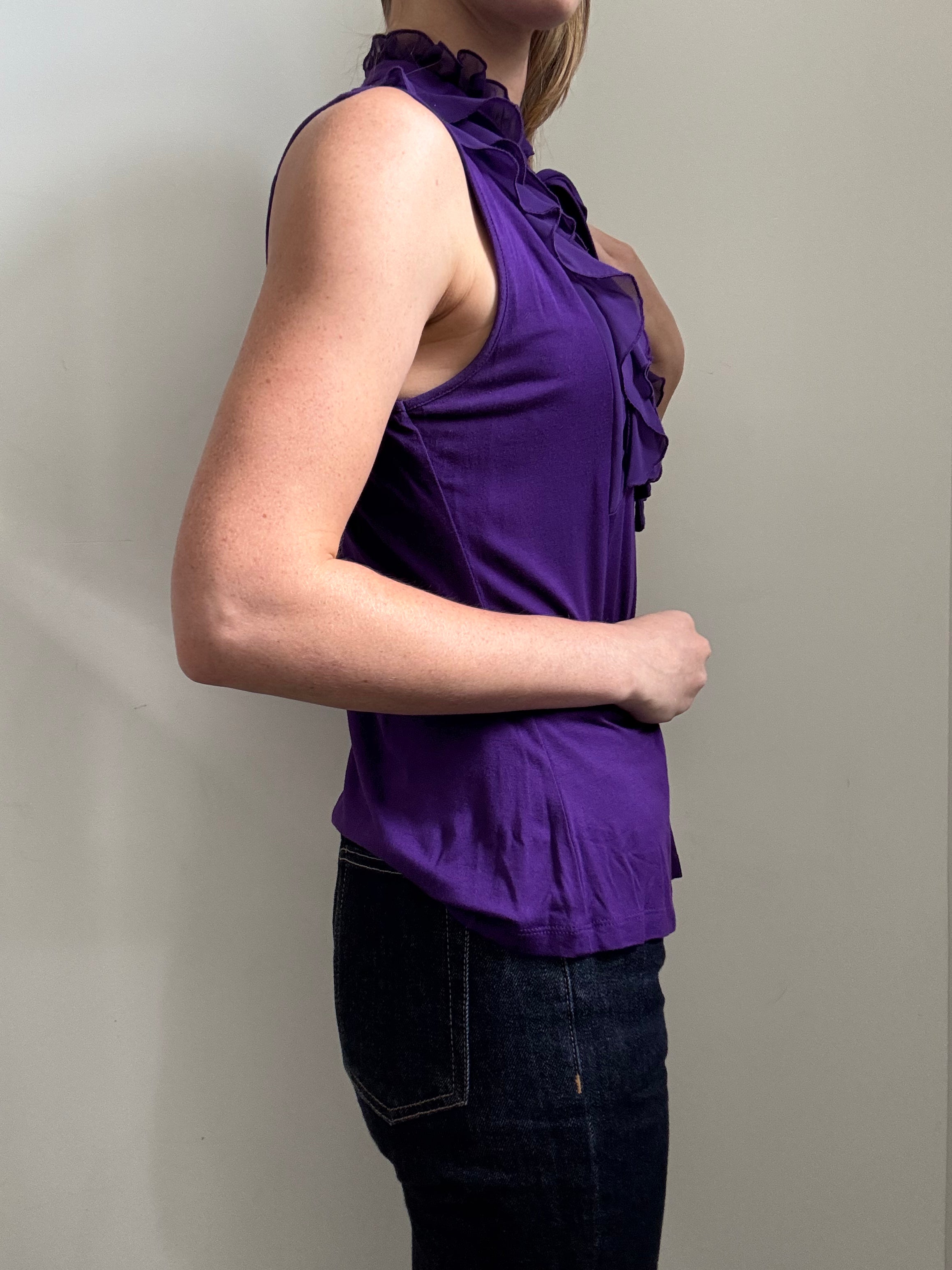 Vintage Purple Layered Sleeveless Ruffle Tie-Neck Blouse Size Medium