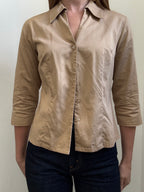 Vintage Tan Fitted 3/4 Sleeve Button Up Blouse Size Medium