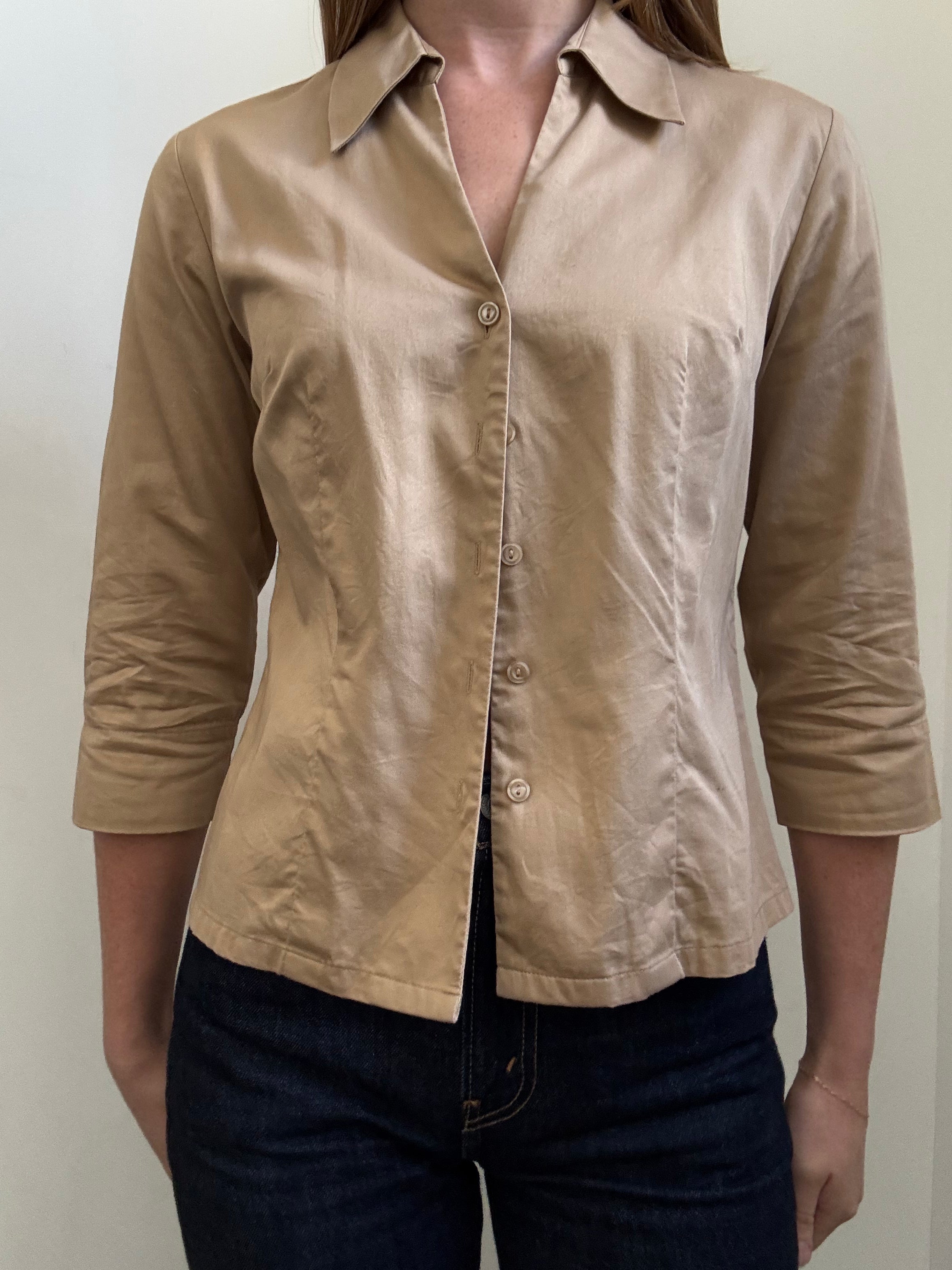 Vintage Tan Fitted 3/4 Sleeve Button Up Blouse Size Medium