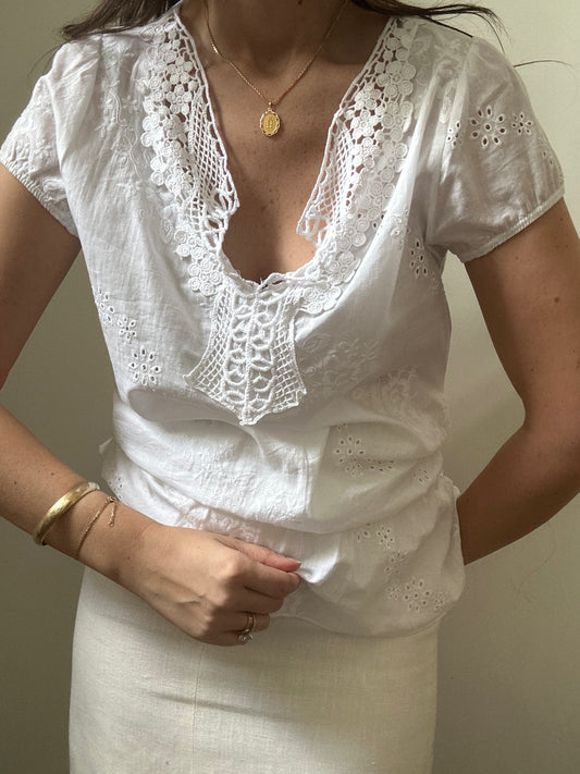 Vintage White Cotton Eyelet Blouse Size Medium