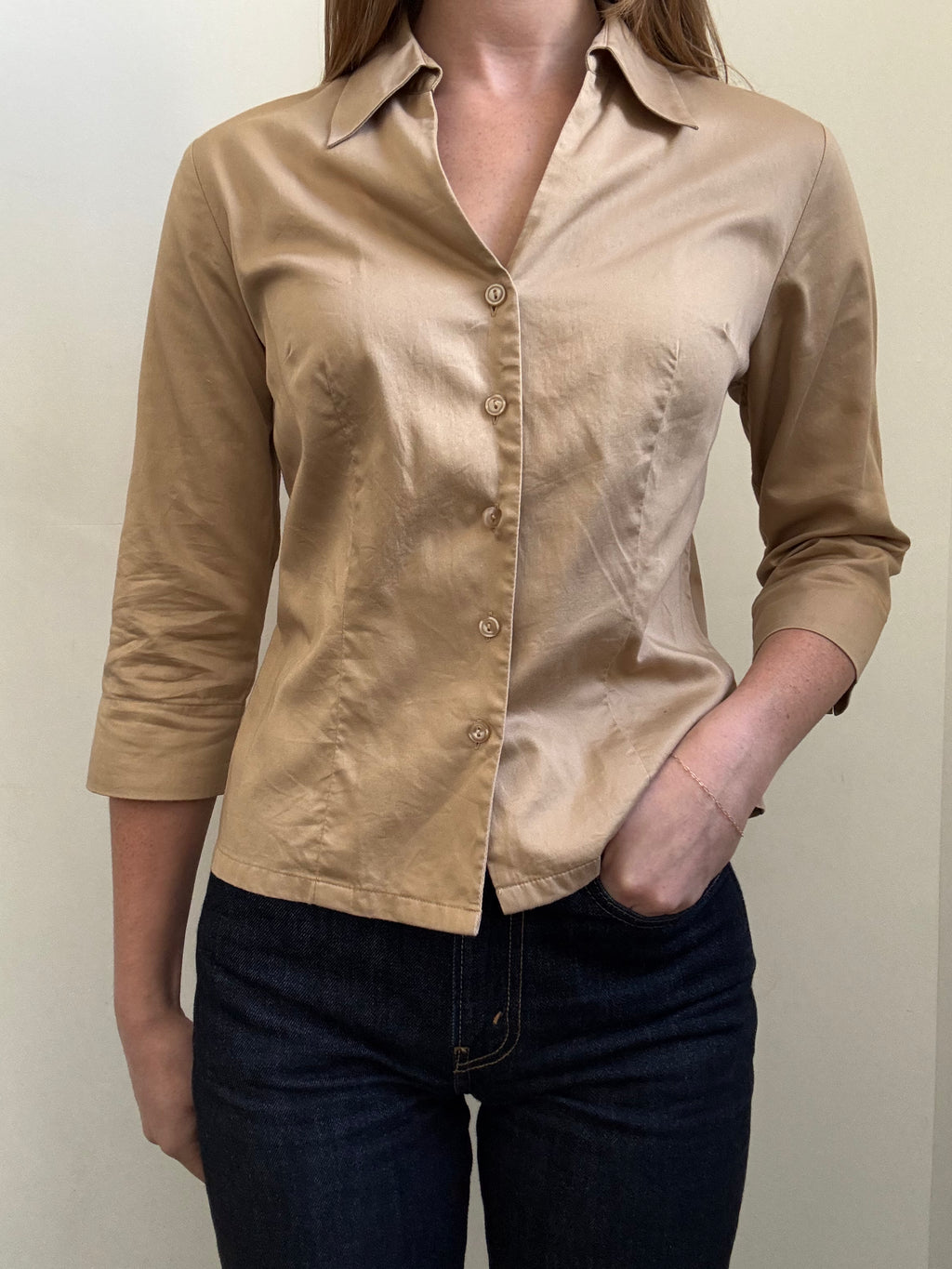 Vintage Tan Fitted 3/4 Sleeve Button Up Blouse Size Medium