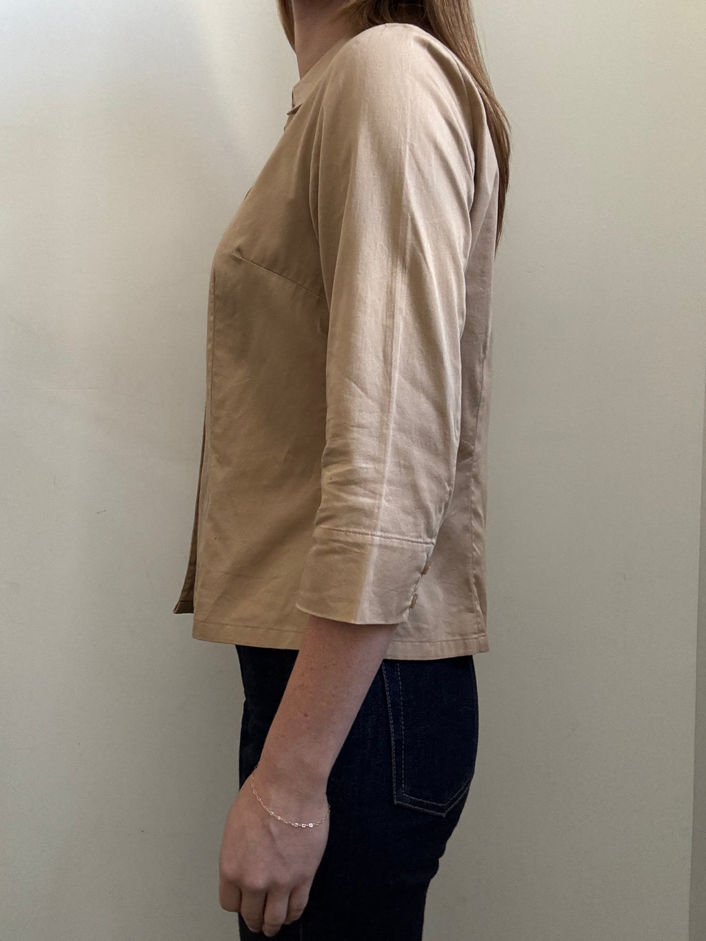 Vintage Tan Fitted 3/4 Sleeve Button Up Blouse Size Medium