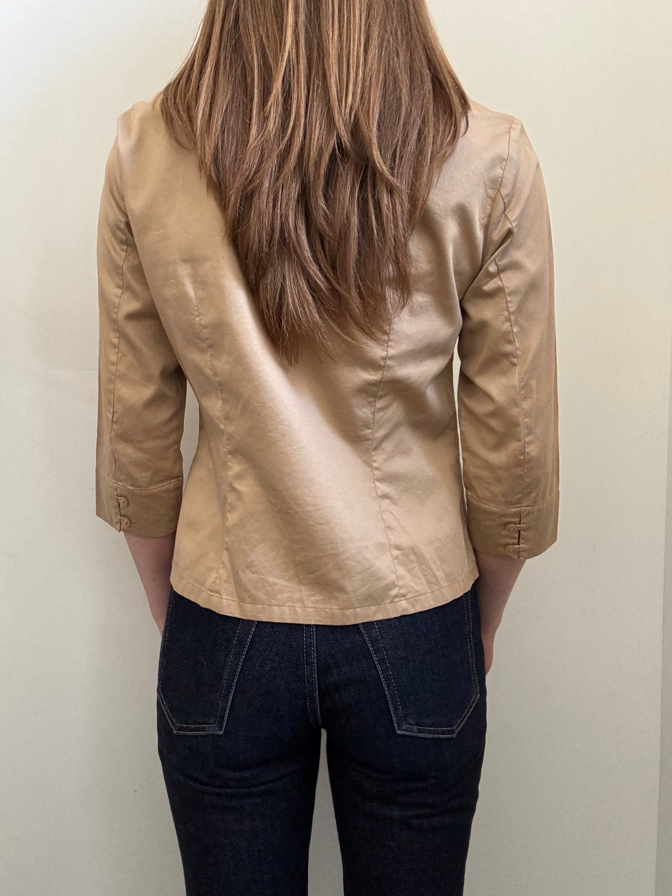 Vintage Tan Fitted 3/4 Sleeve Button Up Blouse Size Medium