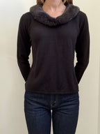 Vintage Black Pullover Sweater + Faux Fur Collar Size PL