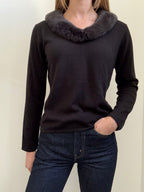 Vintage Black Pullover Sweater + Faux Fur Collar Size PL