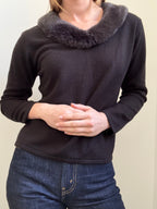 Vintage Black Pullover Sweater + Faux Fur Collar Size PL
