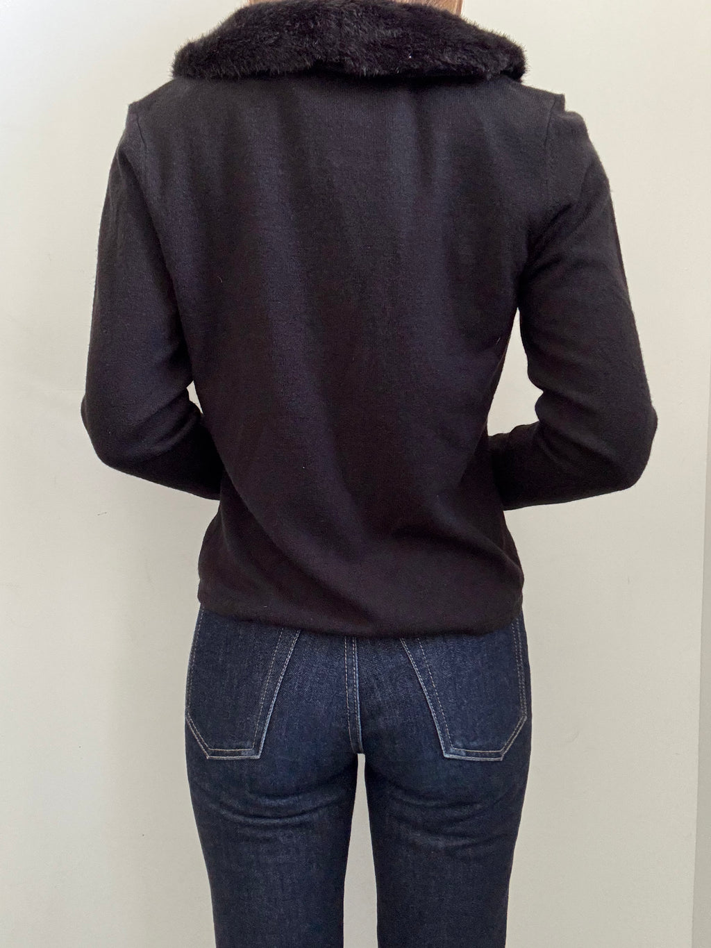 Vintage Black Pullover Sweater + Faux Fur Collar Size PL