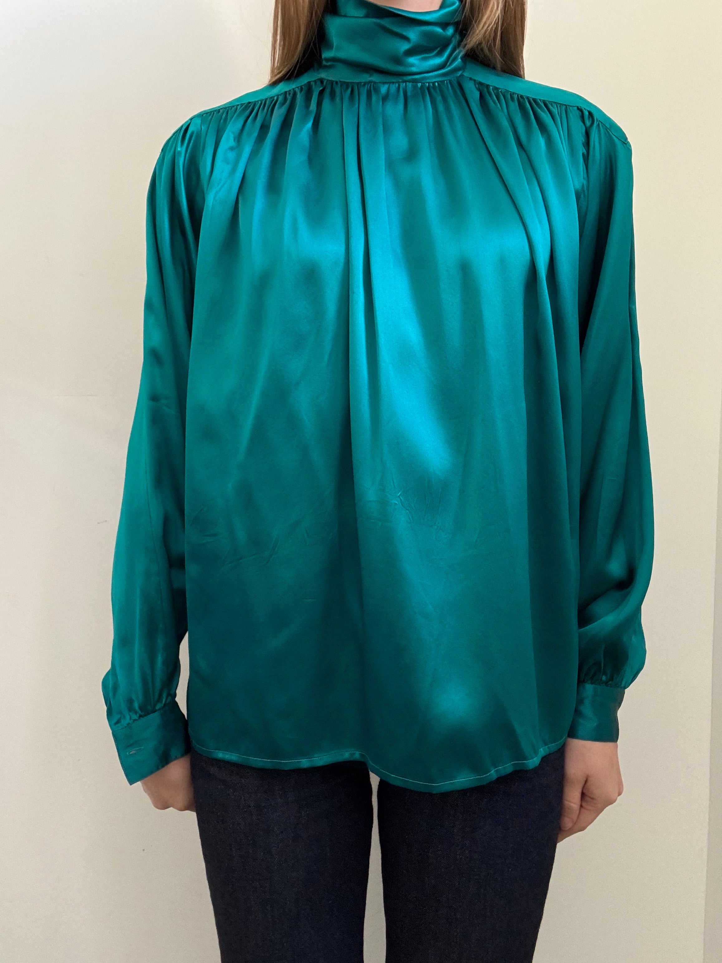 Vintage Teal Silk Mock Neck Blouse Size Medium