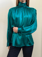 Vintage Teal Silk Mock Neck Blouse Size Medium