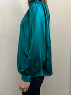 Vintage Teal Silk Mock Neck Blouse Size Medium