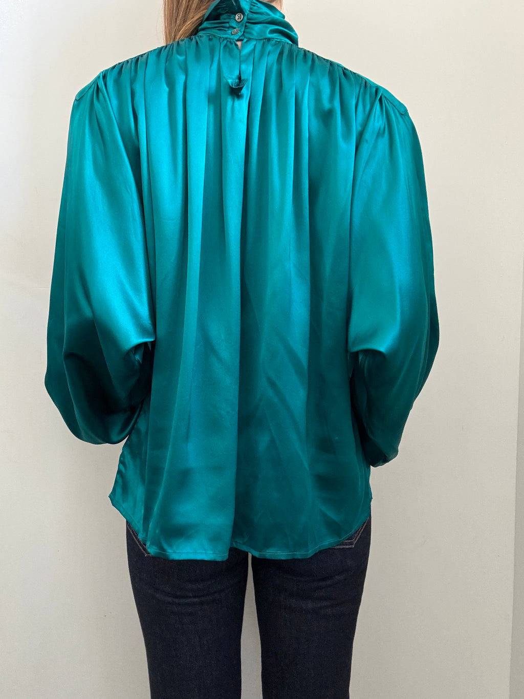 Vintage Teal Silk Mock Neck Blouse Size Medium