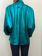 Vintage Teal Silk Mock Neck Blouse Size Medium