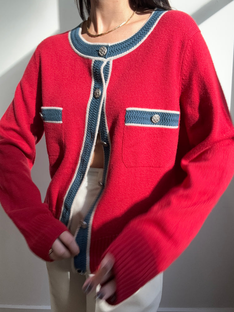 Vintage Chanel Red & Blue Cardigan Size 8