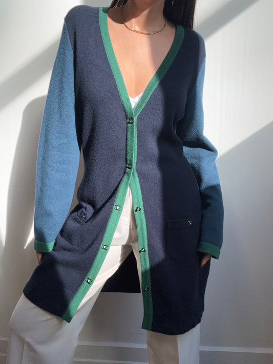 Vintage Chanel Navy Blue and Green Cardigan Size 6