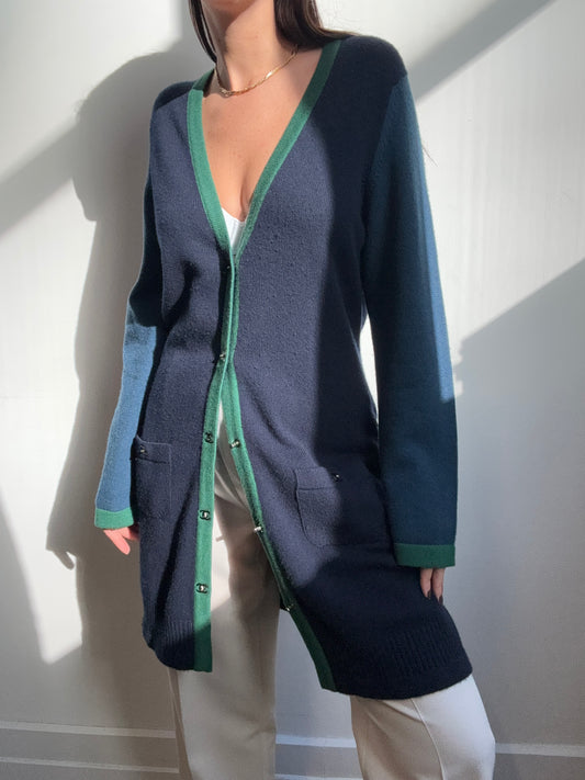 Vintage Chanel Navy Blue and Green Cardigan Size 6