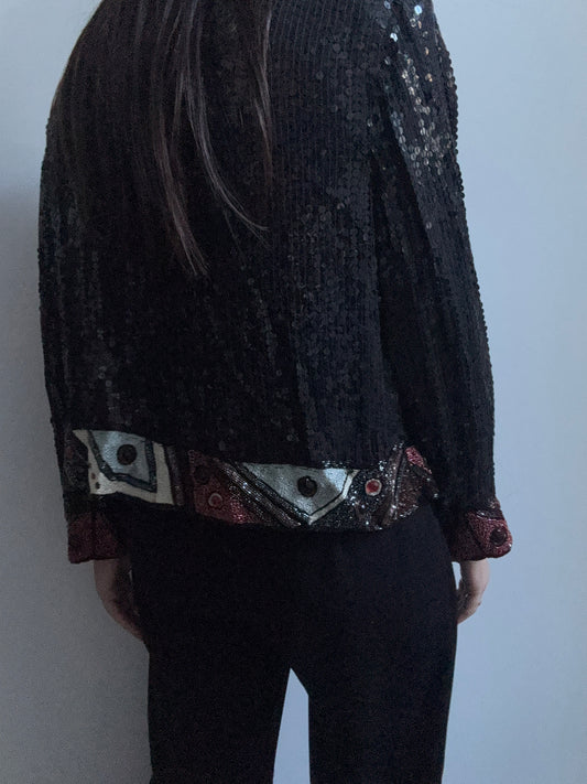 Vintage Black Sequin Patterned Jacket Size Medium
