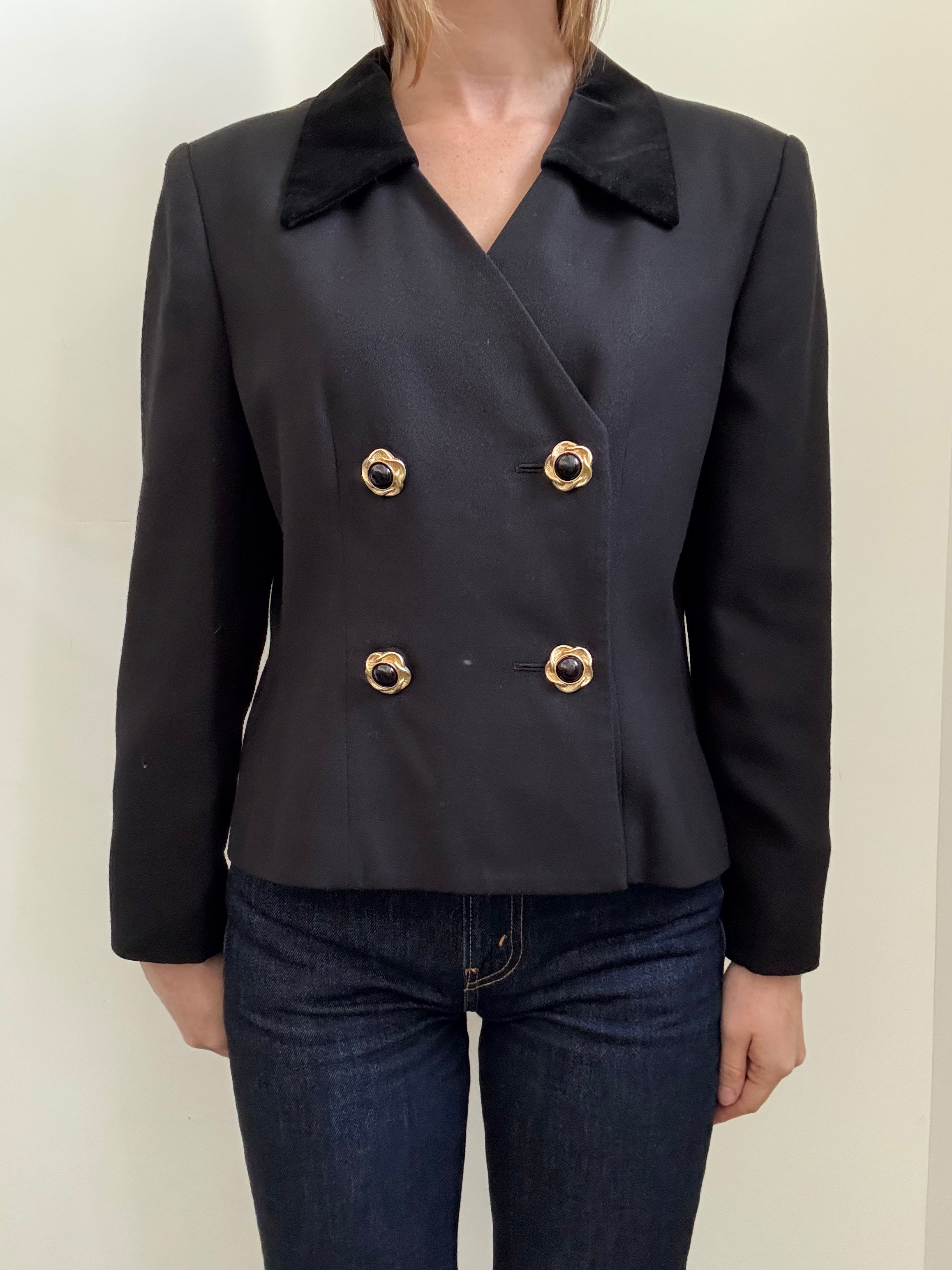 Vintage Black Velvet Trim Cropped Double-Breasted Size Large