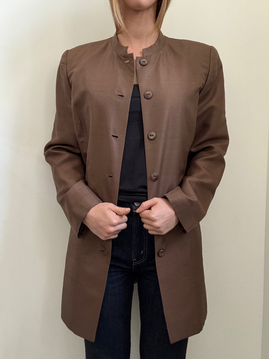 Vintage Brown Silk Long Blazer Size Large