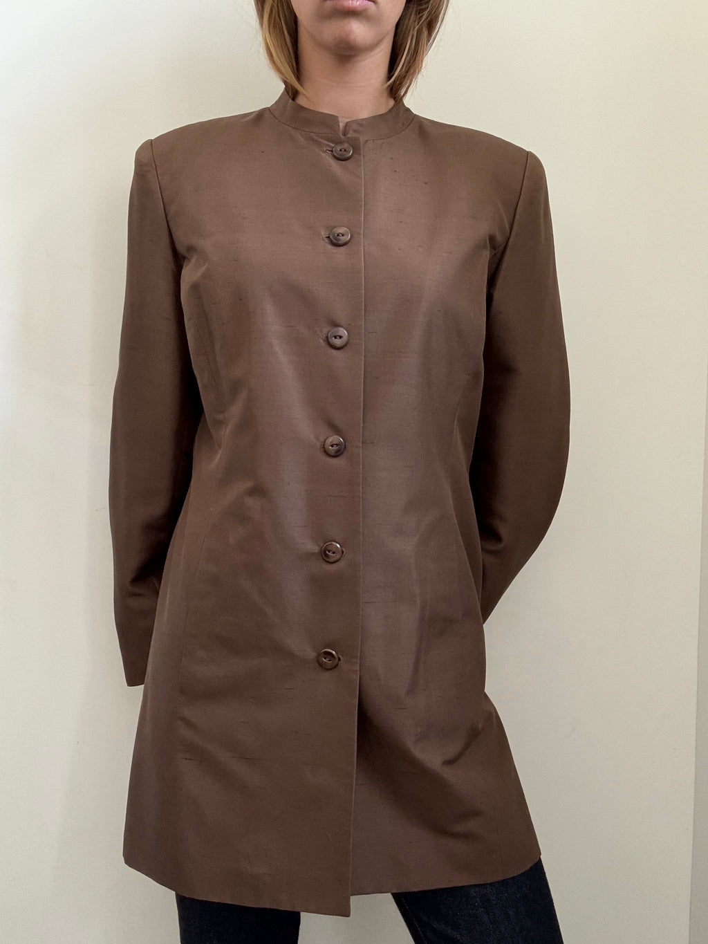 Vintage Brown Silk Long Blazer Size Large