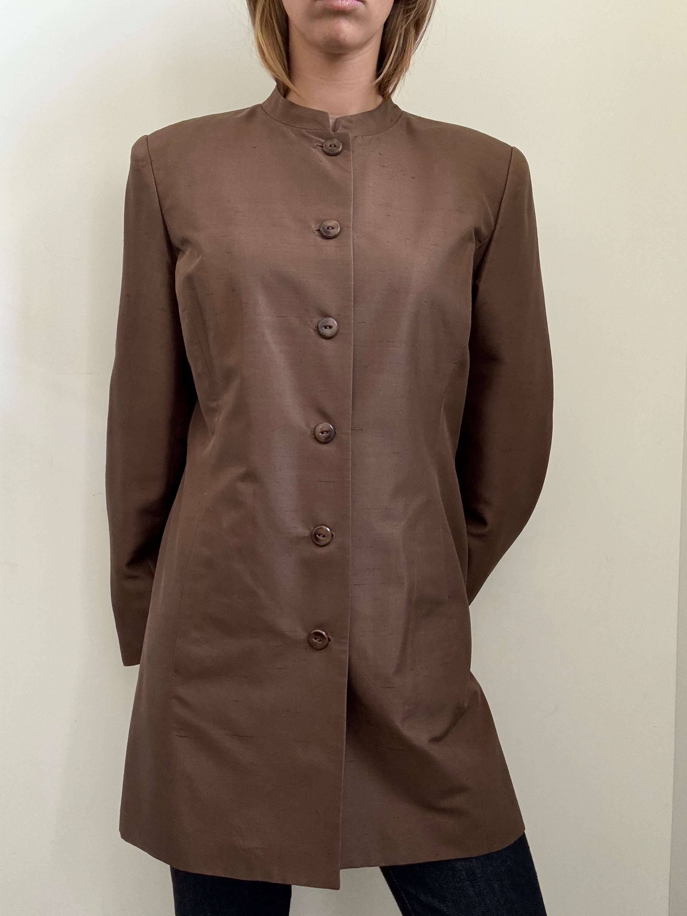 Vintage Brown Silk Long Blazer Size Large