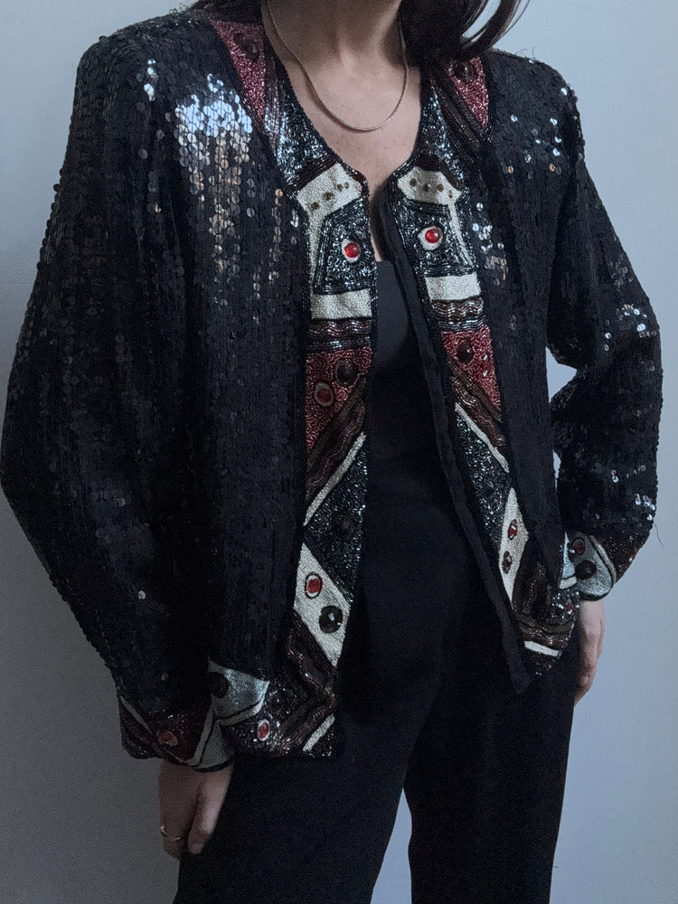 Vintage Black Sequin Patterned Jacket Size Medium