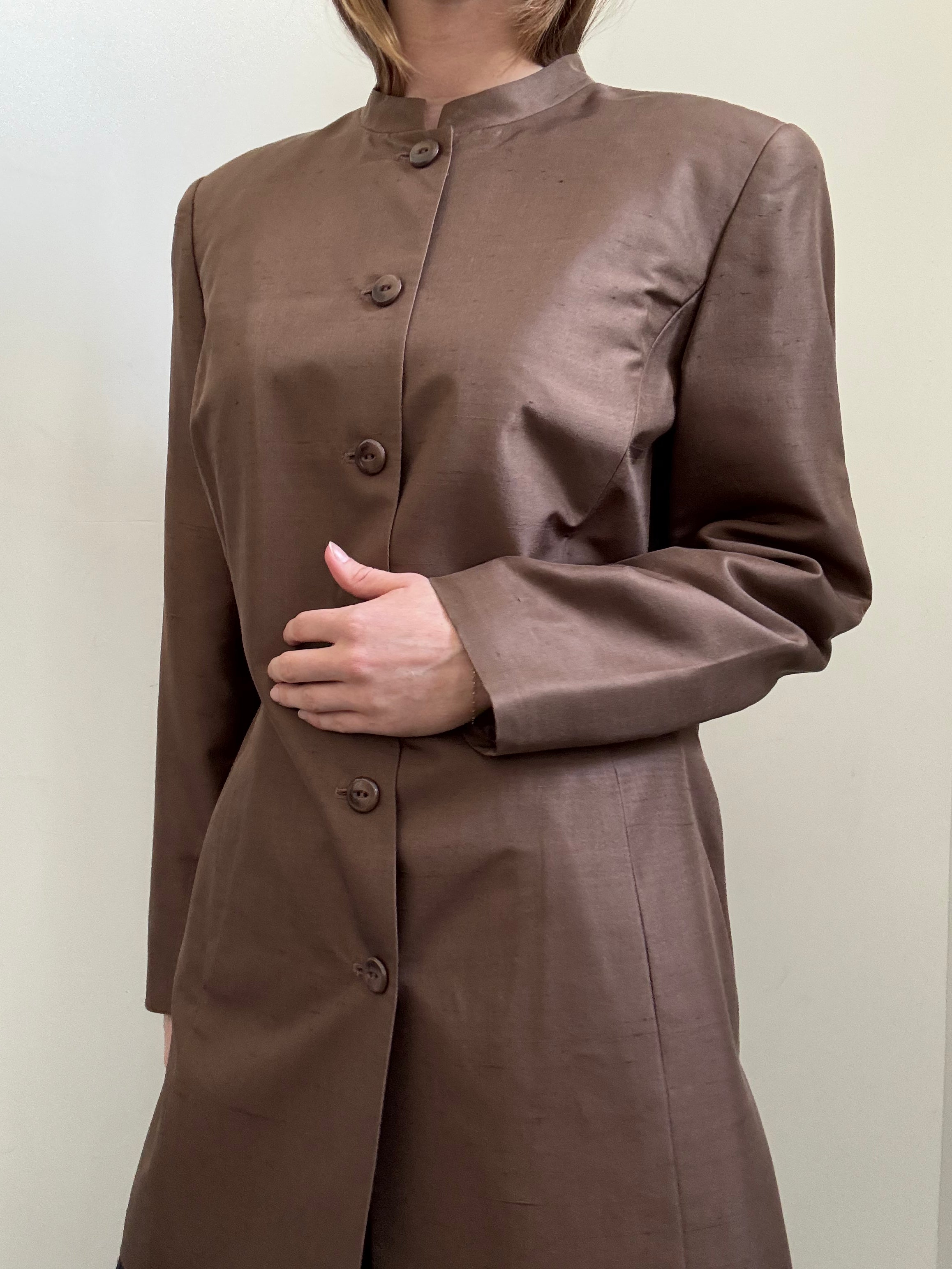 Vintage Brown Silk Long Blazer Size Large