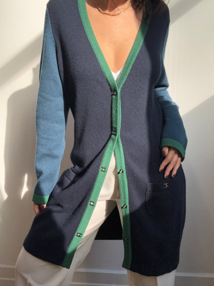 Vintage Chanel Navy Blue and Green Cardigan Size 6