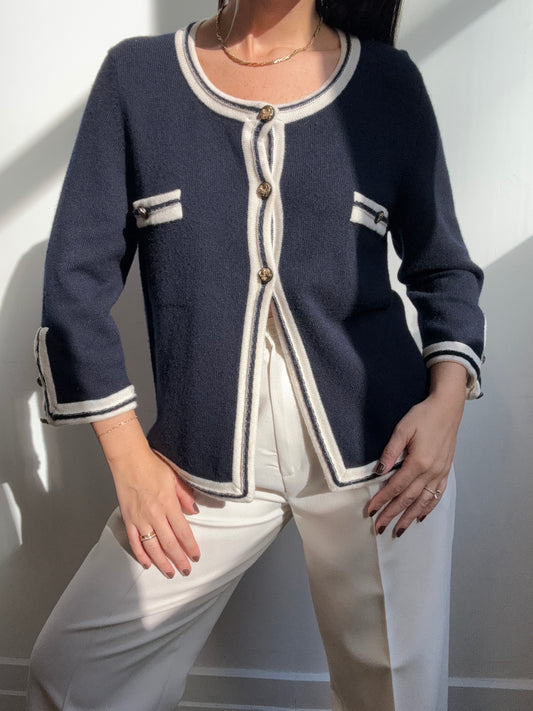 Vintage Chanel Navy & White Cardigan Size 6