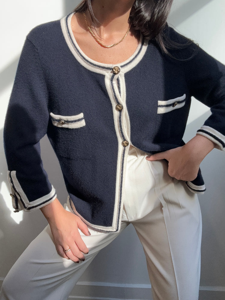 Vintage Chanel Navy & White Cardigan Size 6