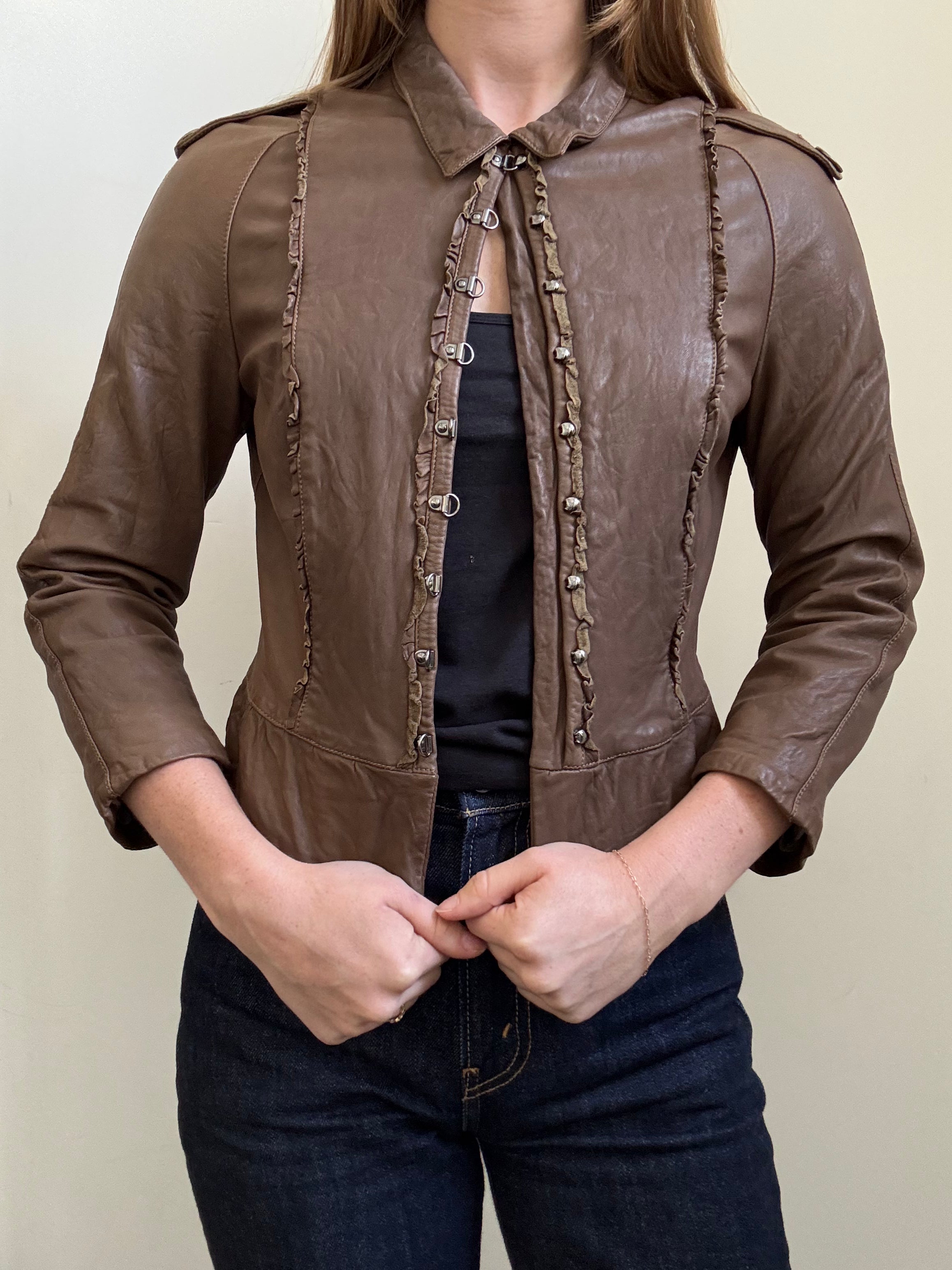 Vintage Cropped Burberry Brown Leather Jacket Size Small