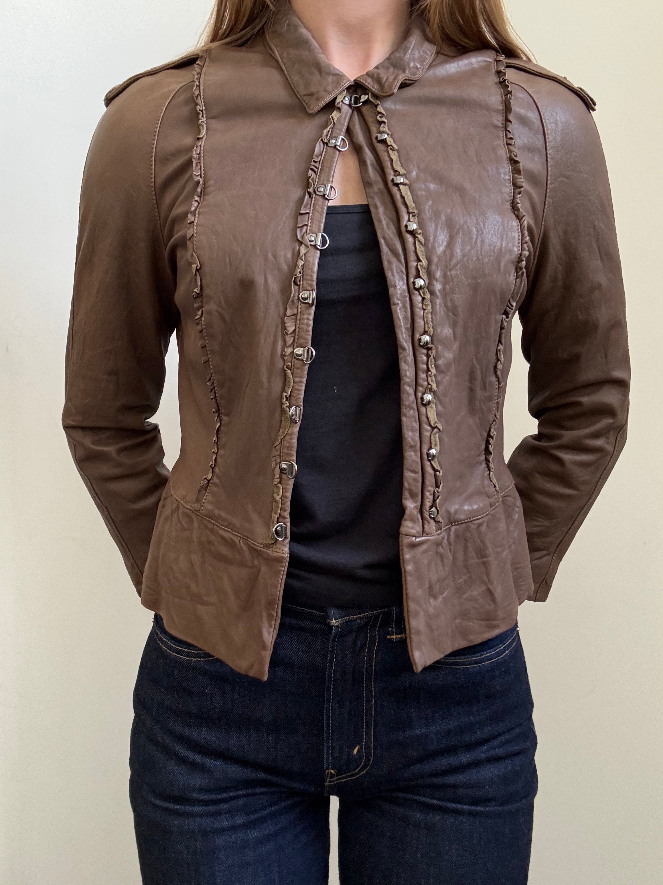 Vintage Cropped Burberry Brown Leather Jacket Size Small