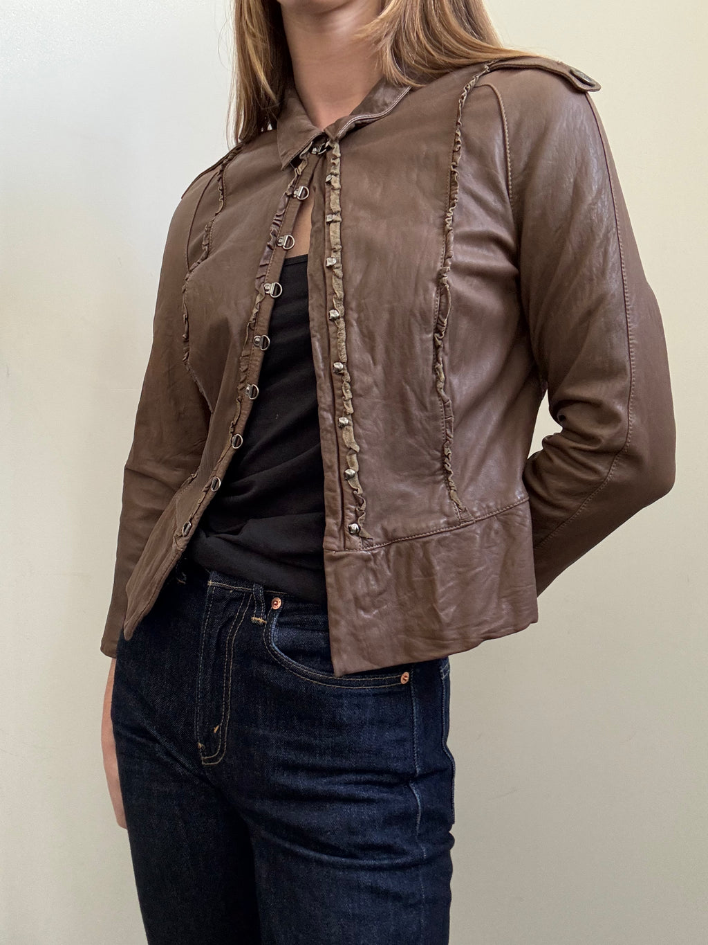 Vintage Cropped Burberry Brown Leather Jacket Size Small