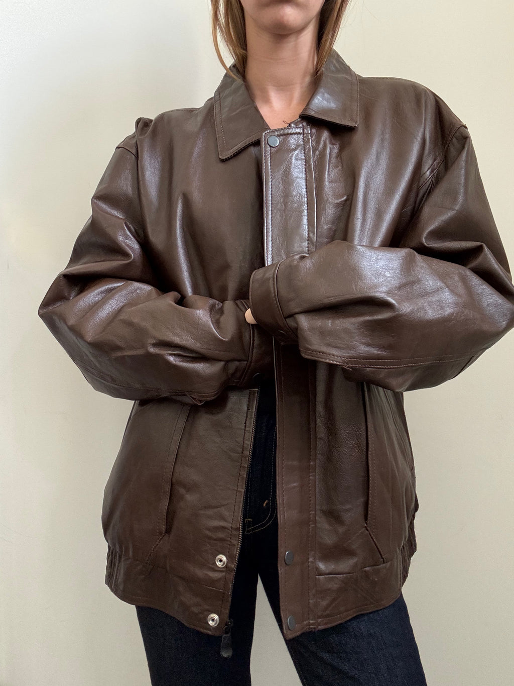 Vintage Brown Racer Leather Jacket Size Large