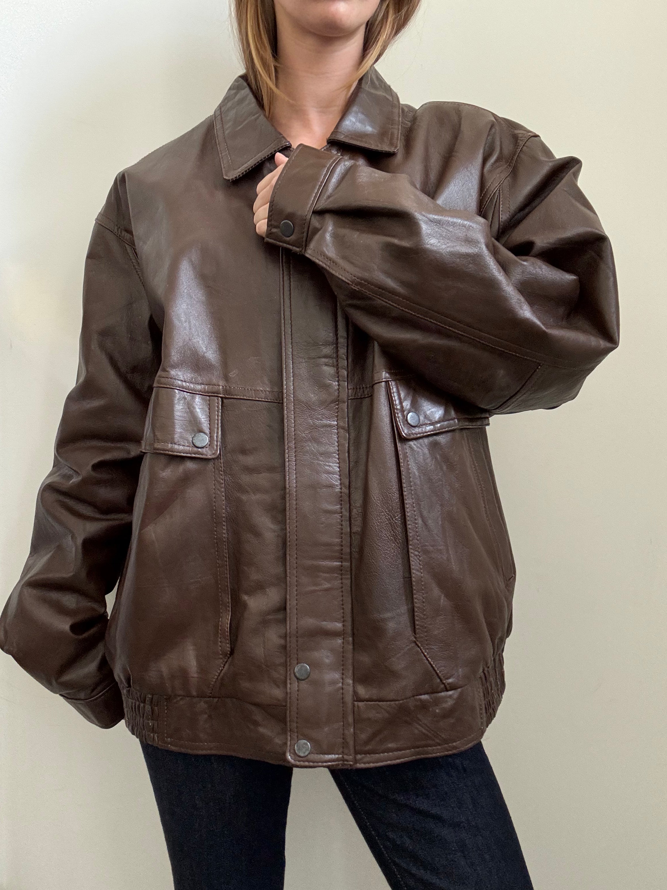 Vintage Brown Racer Leather Jacket Size Large