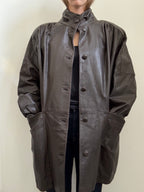 Vintage Dark Brown Funnel Neck Leather Trench Size Large