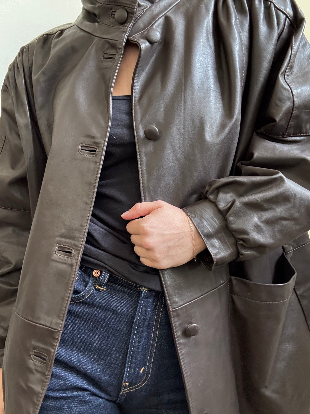 Vintage Dark Brown Funnel Neck Leather Trench Size Large