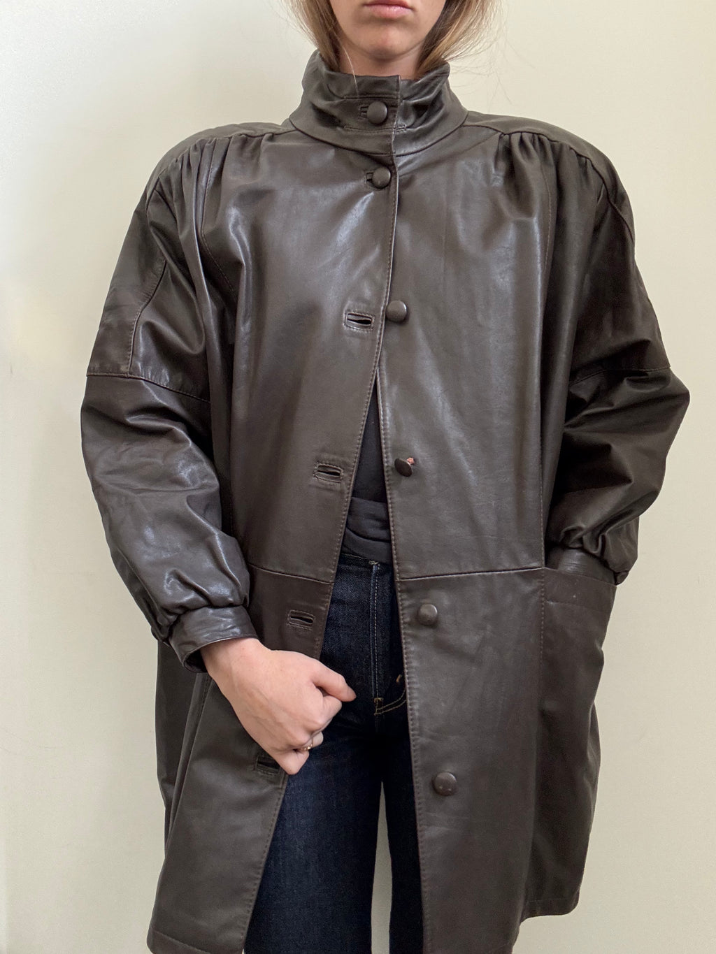Vintage Dark Brown Funnel Neck Leather Trench Size Large