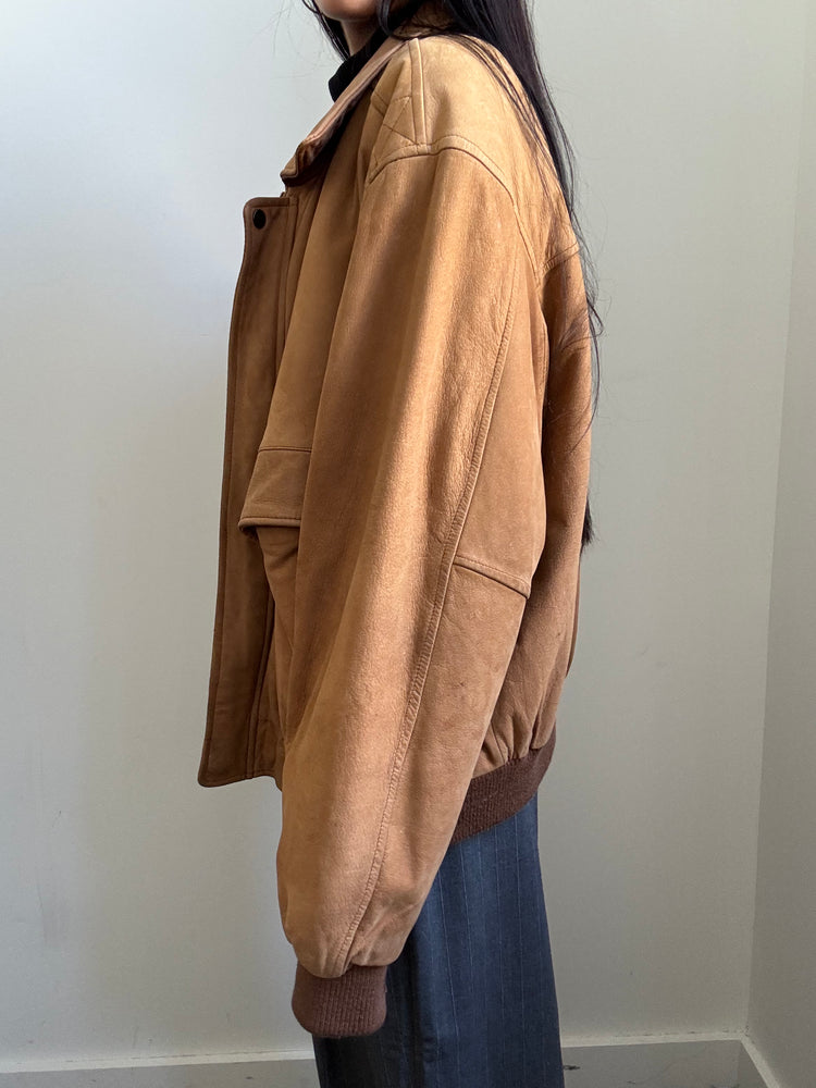 Vintage Light Brown Leather Bomber Jacket Size M/L