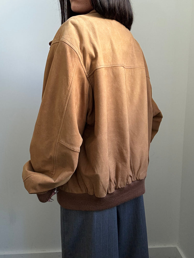 Vintage Light Brown Leather Bomber Jacket Size M/L