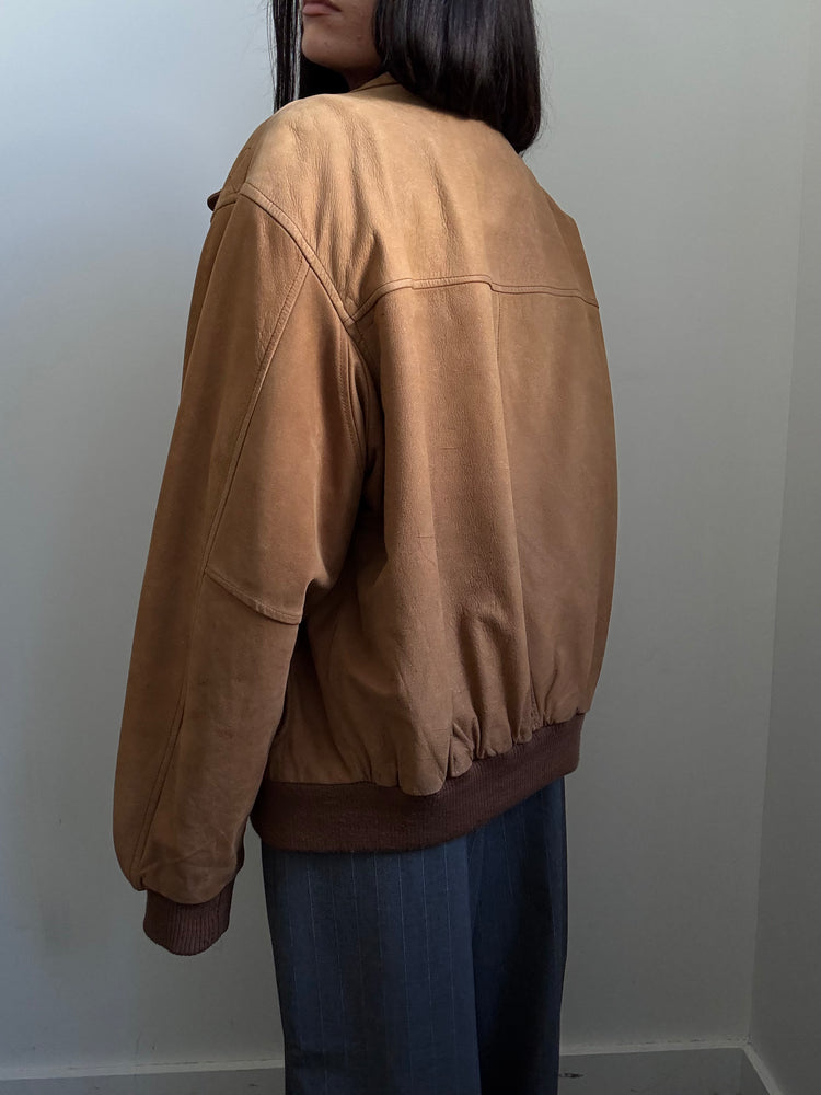 Vintage Light Brown Leather Bomber Jacket Size M/L