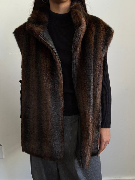 Vintage Faux Fur Vest in Brown + Black Stripe Size M