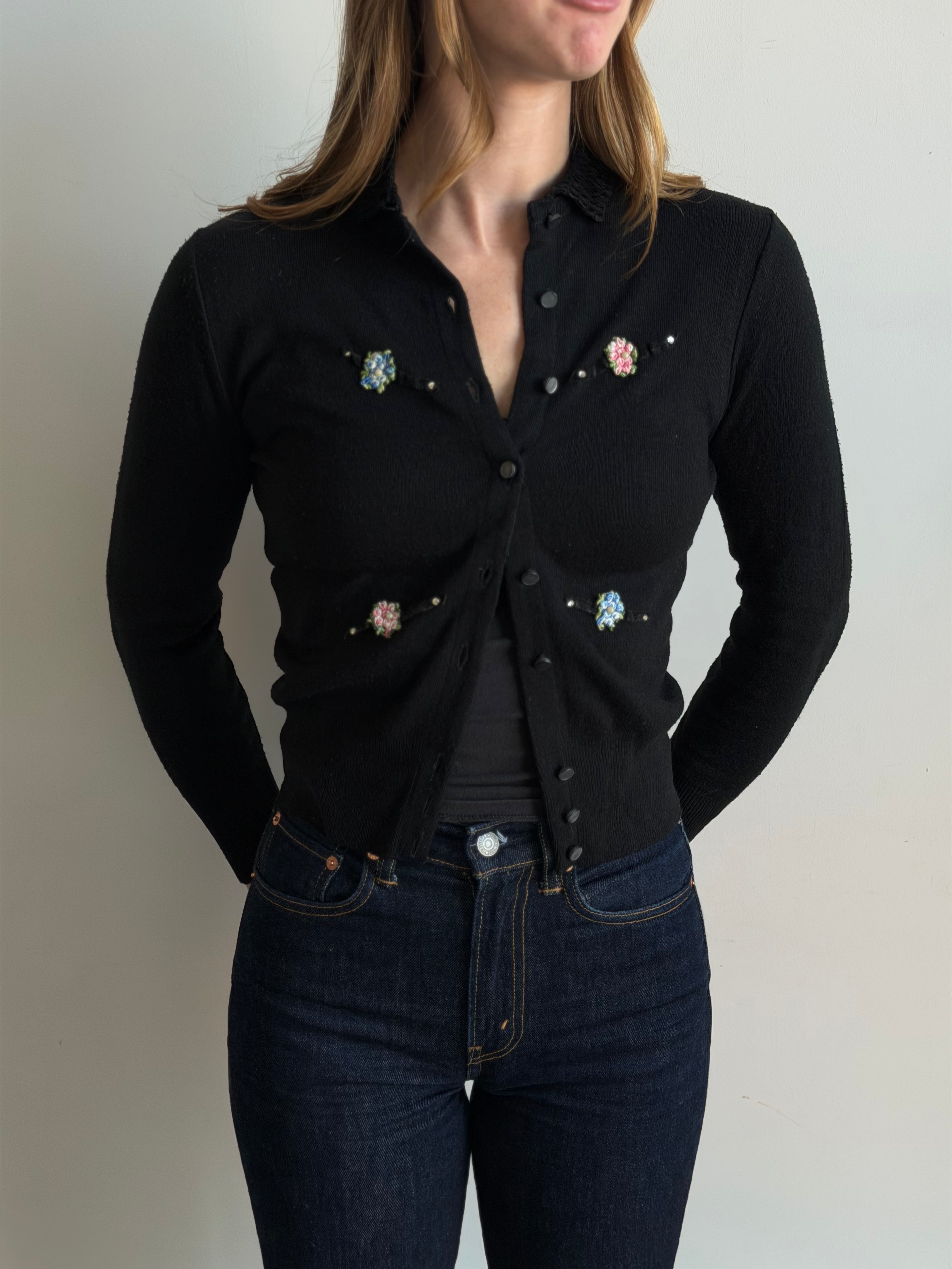 Vintage Black Floral Wool Blend Cardigan Size XS