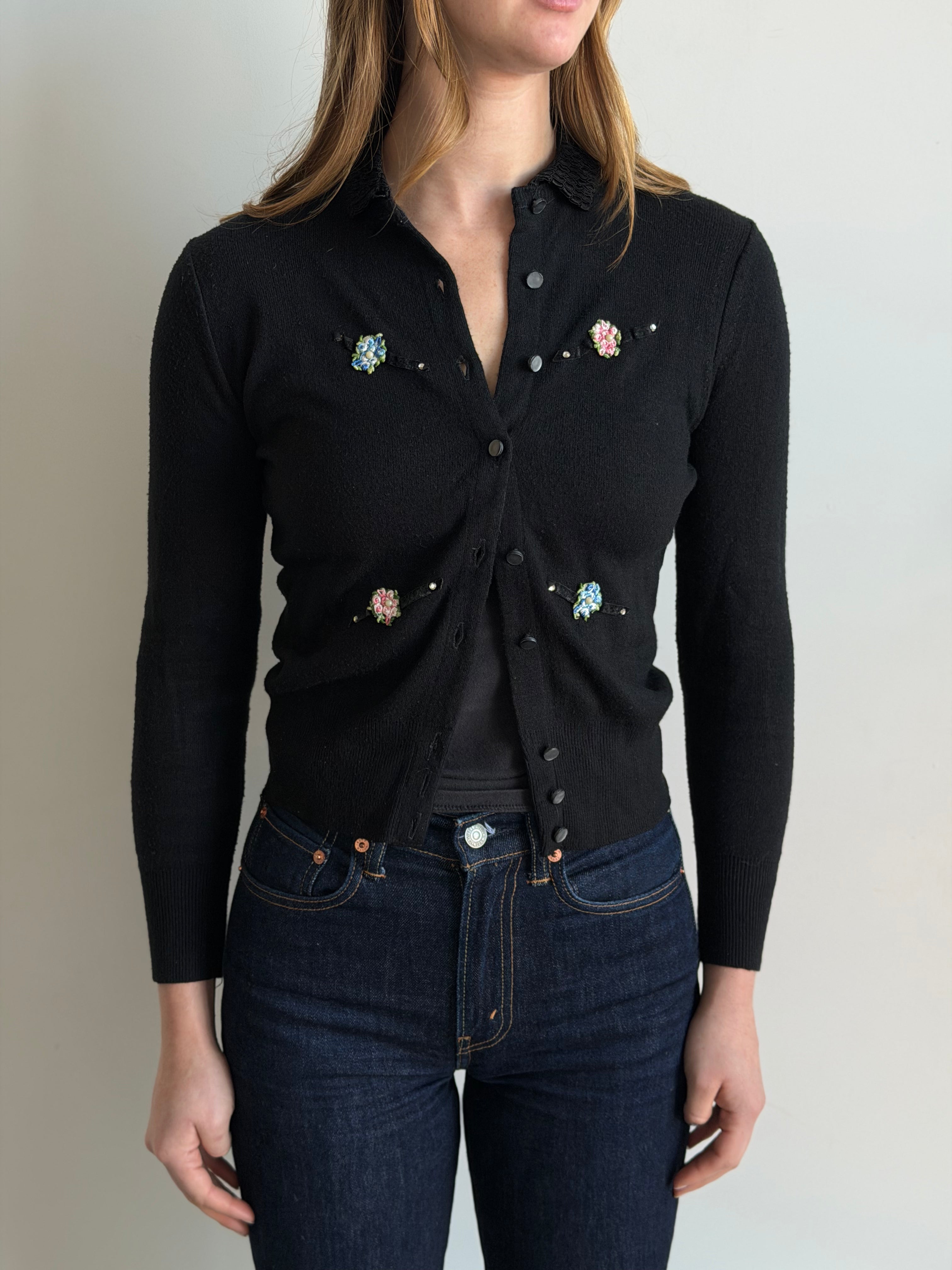 Vintage Black Floral Wool Blend Cardigan Size XS