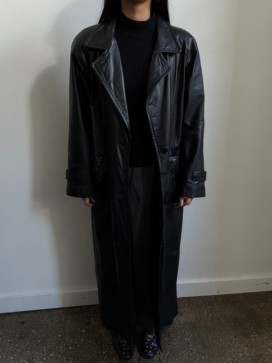 Vintage Black Leather Trench Size Medium Large