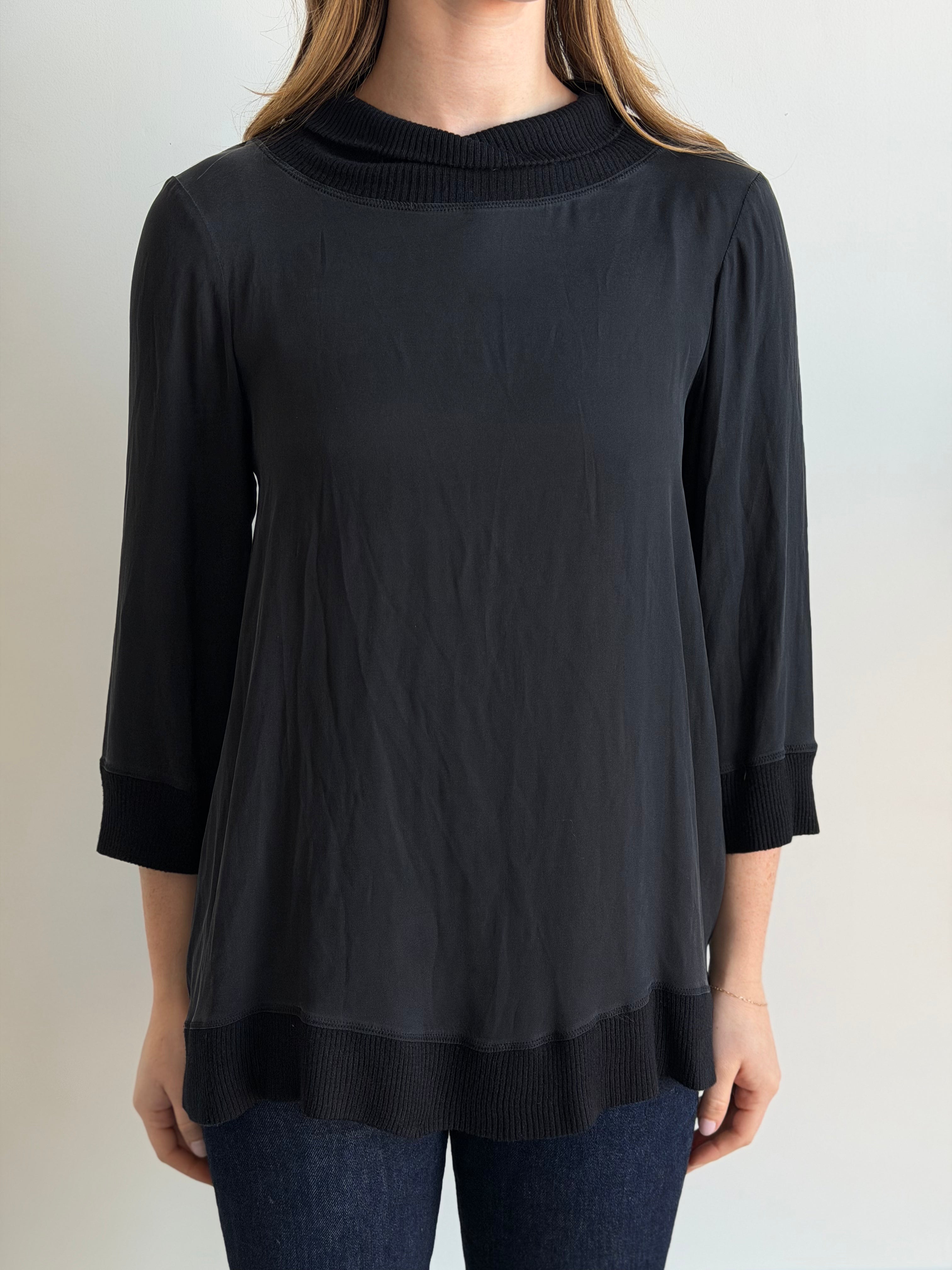 Vintage Black Silk & Cotton Ribbed Knit Blouse Size M