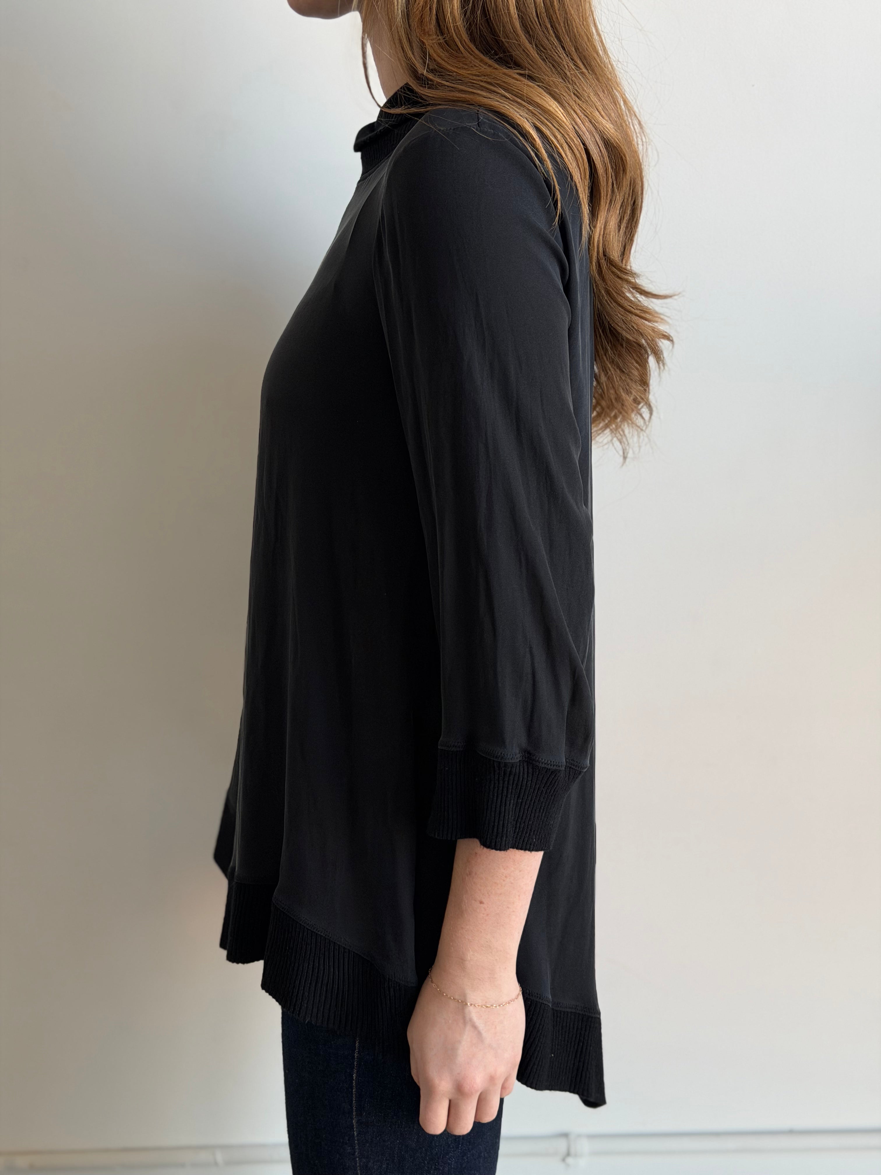 Vintage Black Silk & Cotton Ribbed Knit Blouse Size M