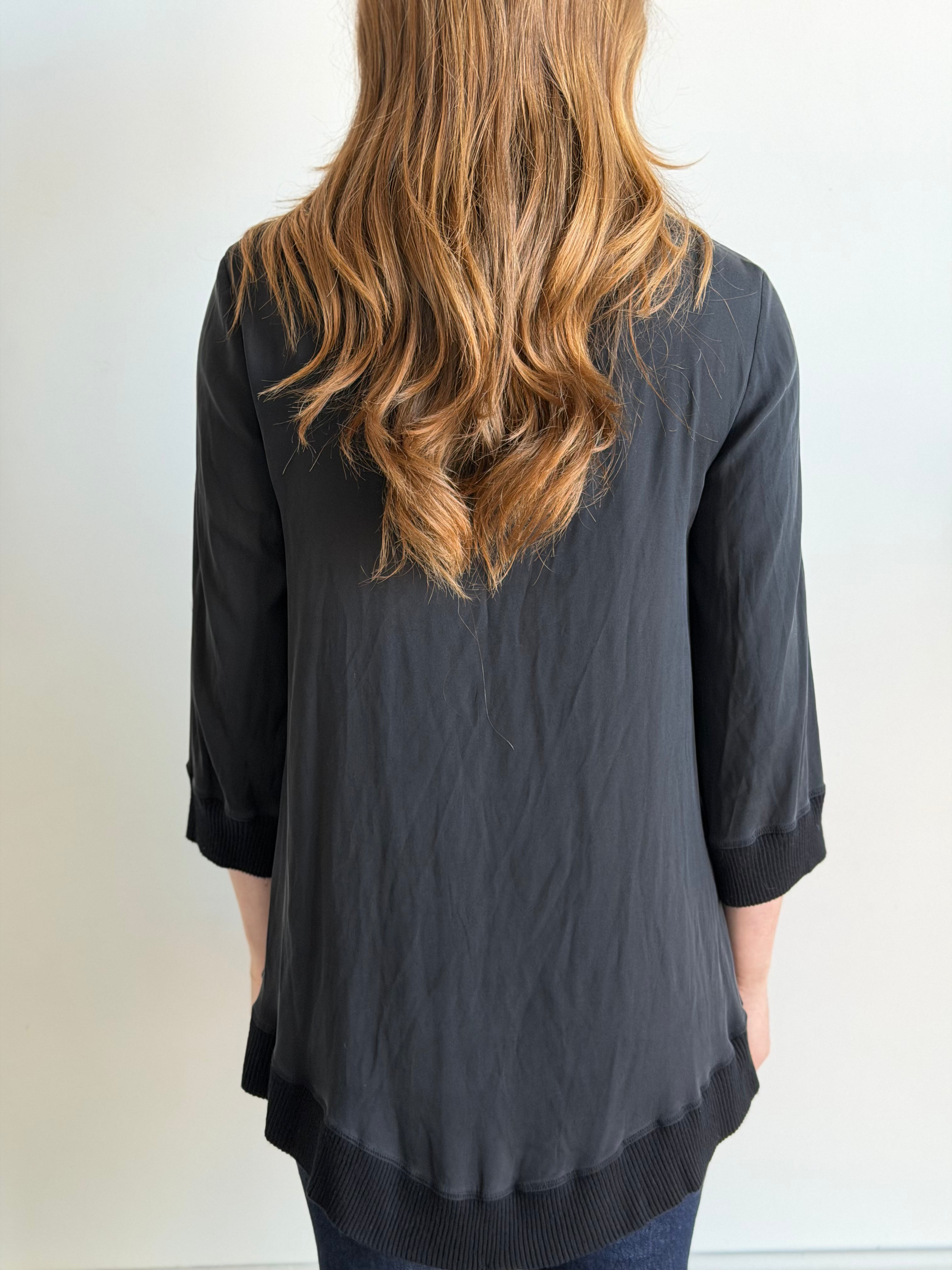 Vintage Black Silk & Cotton Ribbed Knit Blouse Size M