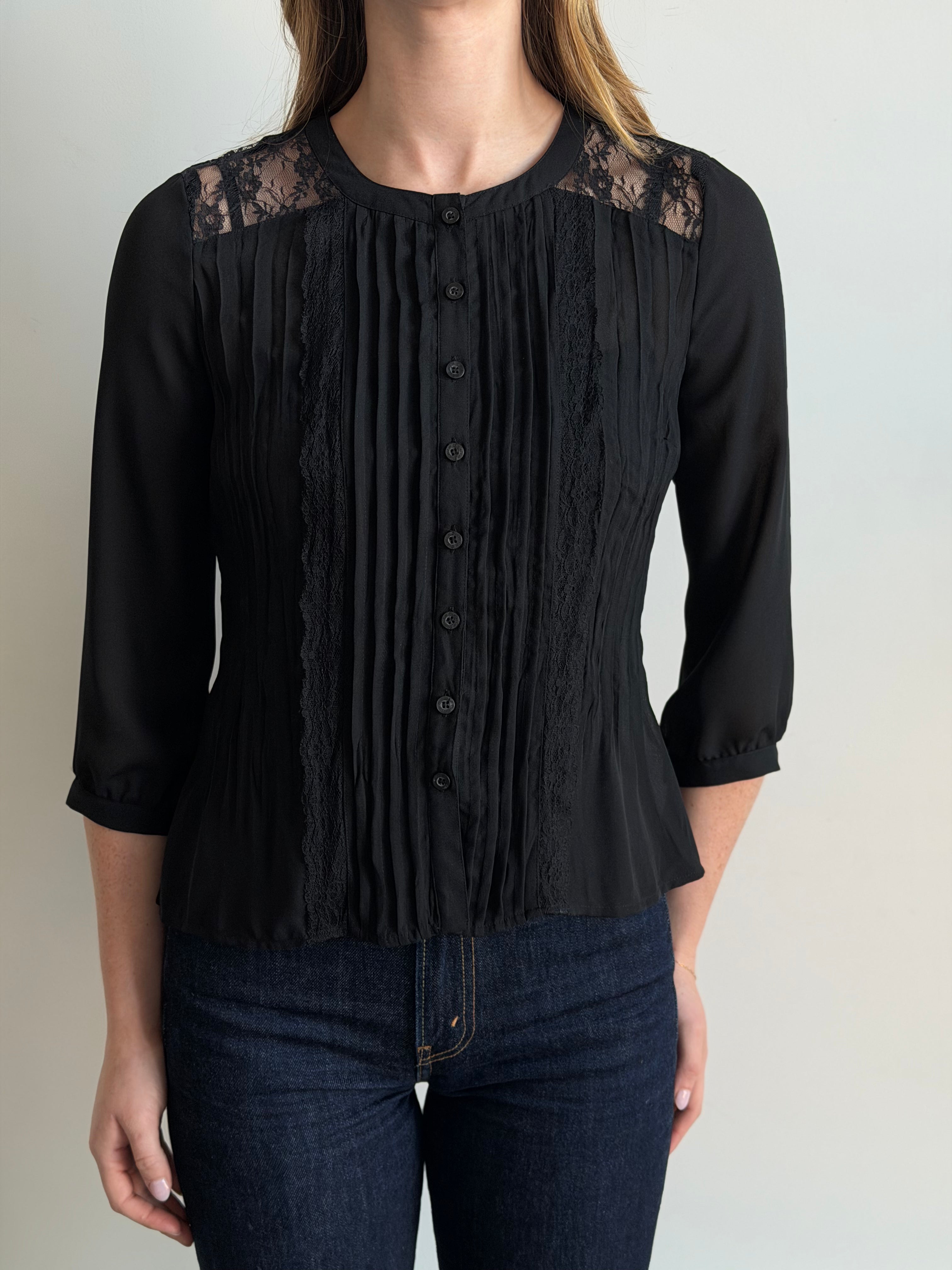 Vintage Black Lace Plisse Blouse Size S